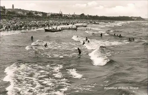 Ahlbeck (Usedom) belebter Strand, Promenade und Leuchtturm 1934 