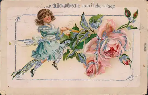  Glückwunsch - Geburtstag: Mädchen, Rosen 1919 Silberrand