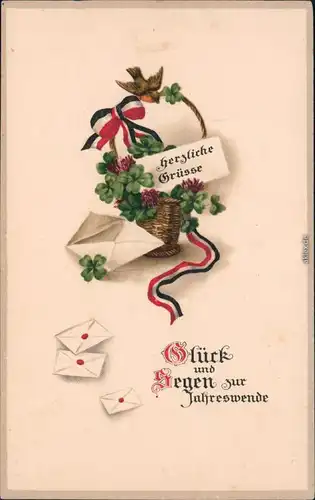  Glückwunsch - Neujahr/Sylvester: Korb mit Brief und Kleeblättern 1917
