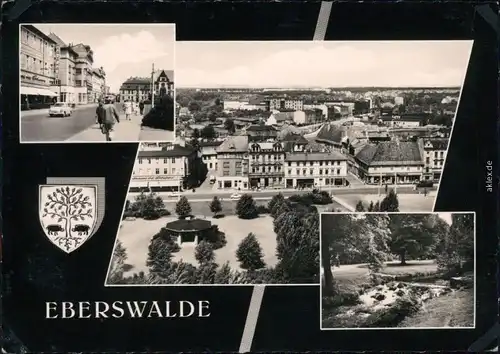 Eberswalde Straßen-Ansicht mit Trabant, Überblick, Bachlauf im Park 1963
