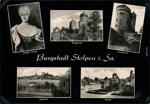 Stolpen Gemälde - Gräfin Cosel, Burgruine, Coselturm, Überblick, Markt 1960