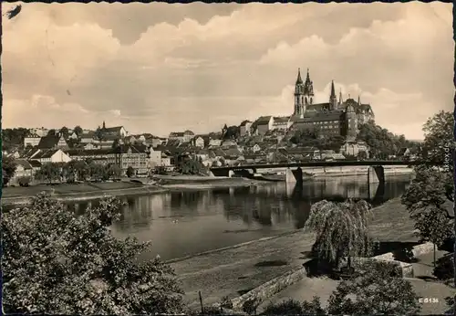 Meißen Blick über die Elbe auf die Stadt mit Dom mit der Altstadtbrücke 1958