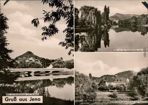 Jena Blick auf Paradiesbrücke und Hausberg, Blick von der  Oberschule 1962