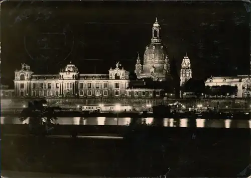 Altstadt Dresden Brühlsche Terrasse / Terassenufer Frauenkirche bei Nacht 1957