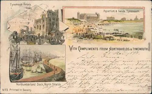 Tynemouth 3 Bild Litho: Strand und Hafen  North East England gel 1893