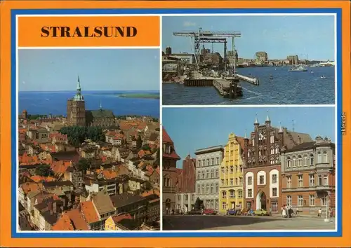 Stralsund  , Blick von der Ziegelgrabenbrücke auf den Hafen,  Markt 1987