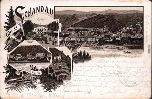 Litho Bad Schandau Panorama Schloss-Bastei,  Kurhaus, Sendigs Villen 1900