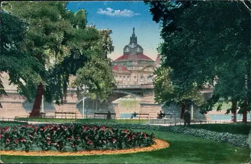 Dresden Kultusministerium, vom Gondelhafen gesehen, Parkanlage mit Blumen 1900