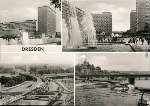 Dresden Prager Straße, Elbe mit Dampferschiff, Carolabrücke 1978