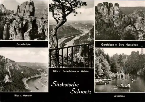 Wehlen Basteibrücke, Blick v. Basteifelsen, Gansfelsen u. Burg Neurathen 1977