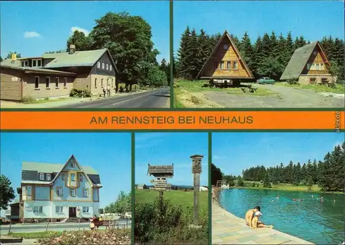 Neuhaus am Rennweg "Hotel Hirsch", Wanderwegweiser und Rennsteigmarkierung 1983