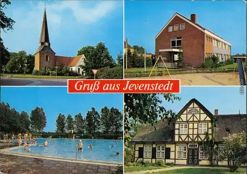 Jevenstedt Kirche, Wohnhaus, Freibad, Fachwerkhaus mit Reetdach 1975