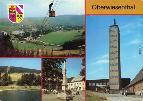 Oberwiesenthal Blick auf die Stadt, Freibad, Markt mit Postmeilensäule 1988