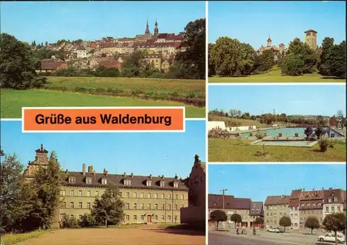 Waldenburg (Sachsen) Übersicht, Schule, Schloss, Freibad, Markt 1985