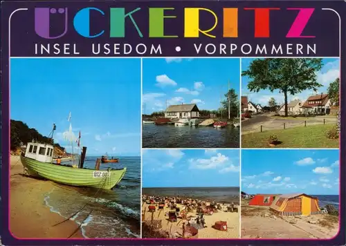 Ückeritz (Usedom) Strand, Hafen, Fischerboot, Zelte Ansichtskarte 1992