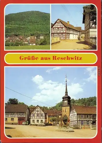 Reschwitz Teilansicht, Ortsmotiv, Dorfplatz Ansichtskarte 1987