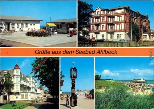Ahlbeck (Usedom) Strandpromenade, FDGB-Erholungsheime, Stranduhr, Seebrücke 1983