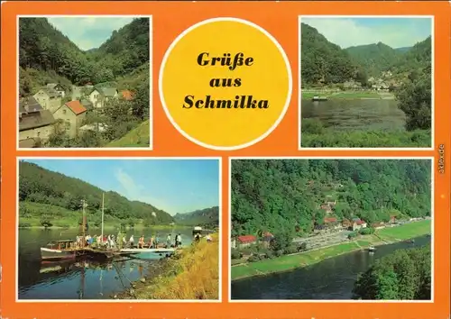 Schmilka Teilansicht, Elbe, Anlegestelle, Teilansicht mit Elbe 1986