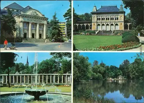 Bad Elster 1. Kurtheater, 2. Kurhaus, 3. Wandelhalle, 4. Gondelteich 1972