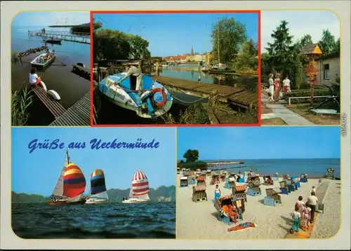 Ueckermünde Bootssteg, Segelschiffe, Strand Ansichtskarte 1993