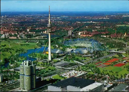 München lufbild vom Olympiagelände mit Olypiaturm (290 m), und BMW-Hochhaus 1988