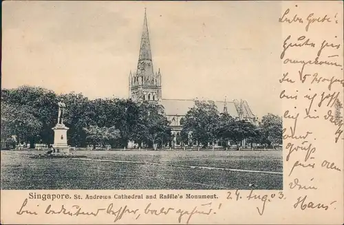 Singapur St. Andrews Cathedral and Raffle's Monument Vintage Postcard 1903