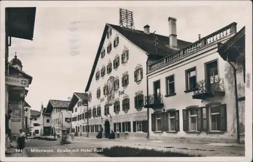 Mittenwald Hotel Post, Straßenansicht Foto Ansichtskarte  1933