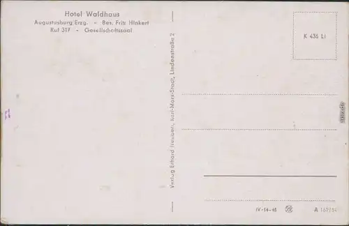 Augustusburg Hotel Waldhaus: Gesellschaftssaal Ansichtskarte b Chemnitz 1954