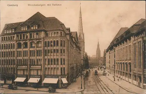 Altstadt Hamburg Mönckebergstraße mit Rathaus, Straßenbahn Ansichtskarte 1924