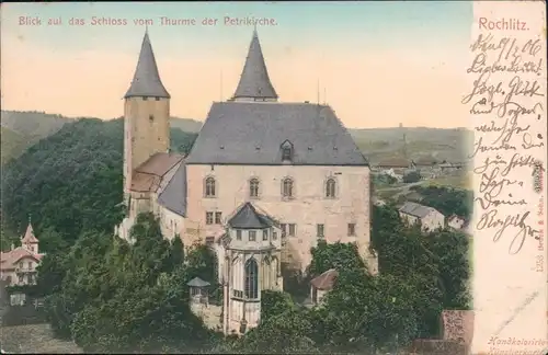 Rochlitz Blick auf das Schloss vom Tum der Petrikirche, handcoloriert 1906 