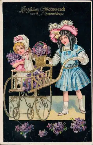 Glückwunsch Geburtstag: Mädchen mit Blumenwagen 1920 Goldrand