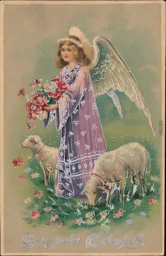 Gesegnetes Osterfest: Engel mit Osterlämmer Silberrand 1918