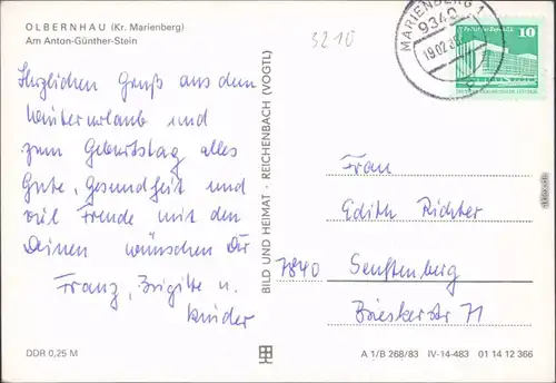 Ansichtskarte Olbernhau Am Anton-Günther Stein 1983