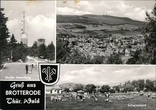 Brotterode Inselberg, Stadtblick mit Inselberg in der Ferne, Schwimmbad 1977