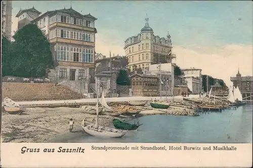 Sassnitz Saßnitz Strandpromenade mit Strandhotel und Hotel Burwitz 1913 