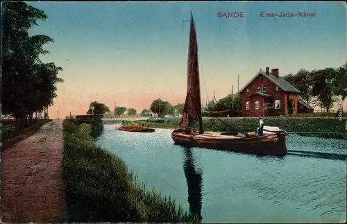 Ansichtskarte Sande Haus, Kahn Ems-Jade-Kanal 1918 