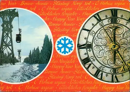  Glückwunsch Neujahr, Schwebebahn mit Schnee und Uhr 5 vor 12 1976