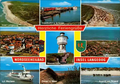 Langeoog Insel: Inselbahn Anleger Badestrand Luftbild Wasserturm Schiff 1979
