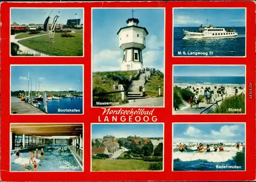 Langeoog Bahnhof, Bootshafen, Hallenbad, Strand, Schiff M.S. Langeoog III 1975