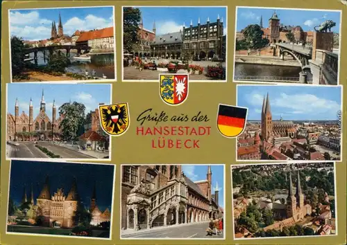 Ansichtskarte Lübeck Malerwinkel, Rathaus, Kirchen, Holstentor, Luftbild 1970