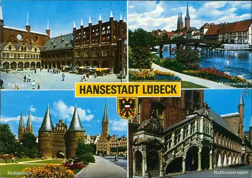 Ansichtskarte Lübeck Rathaus, Malerwinkel, Holstentor, Rathaustreppe 1995