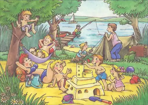 Ansichtskarte  Kinder beim Spielen am See 1989