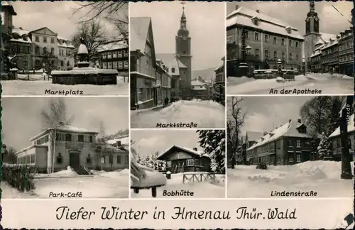 Ilmenau Marktplatz, Marktstraße Apotheke Park-Café, Bobhütte, Lindenstraße 1963