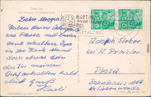 Ansichtskarte Zittau Blumenuhr mit Fleischerbastei 1956