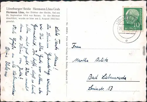 Ansichtskarte Lühneburger Heide Hermann Löns Grab 1956