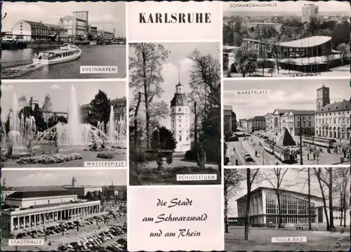 Karlsruhe Rheinhafen, Stadthalle,  Marktplatz, Schwarwaldhalle, Tulla-Bad 1962