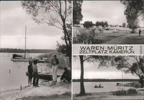 Ansichtskarte Waren (Müritz) Strand mit Booten, Zeltplatz, Seeblick 1983