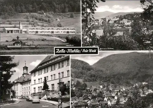 Ansichtskarte Zella-Mehlis Oberschule, Überblick, Postamt, Regenberg 1976
