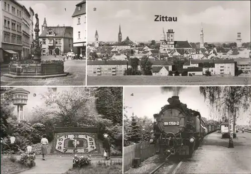 Zittau Rolandbrunnen,  Blumenuhr, Meißner Porzellanglockenspiel, Kleinbahn 1982