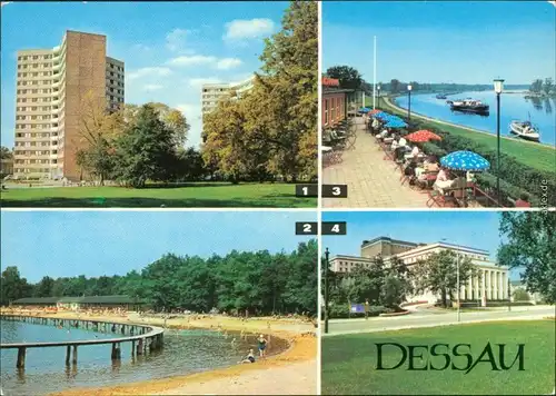 Dessau-Roßlau Hochhäuser, Strandbad Adria, Gaststätte, Landestheater 1978